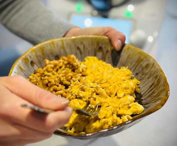 Aiguillettes de poulet, coquillettes et sauce crémeuse à l'orange