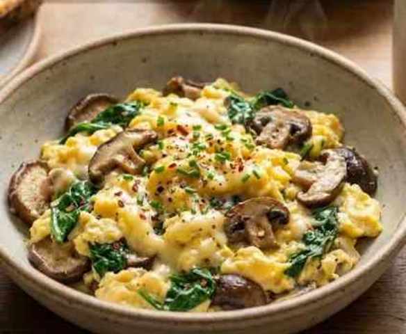 Ovos Mexidos com Cogumelos e Espinafres